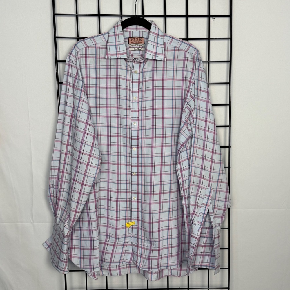 Thomas Pink Dress Shirt Mens 16 34.5 Blue Pink Plaid Finest Twill Cotton Ireland